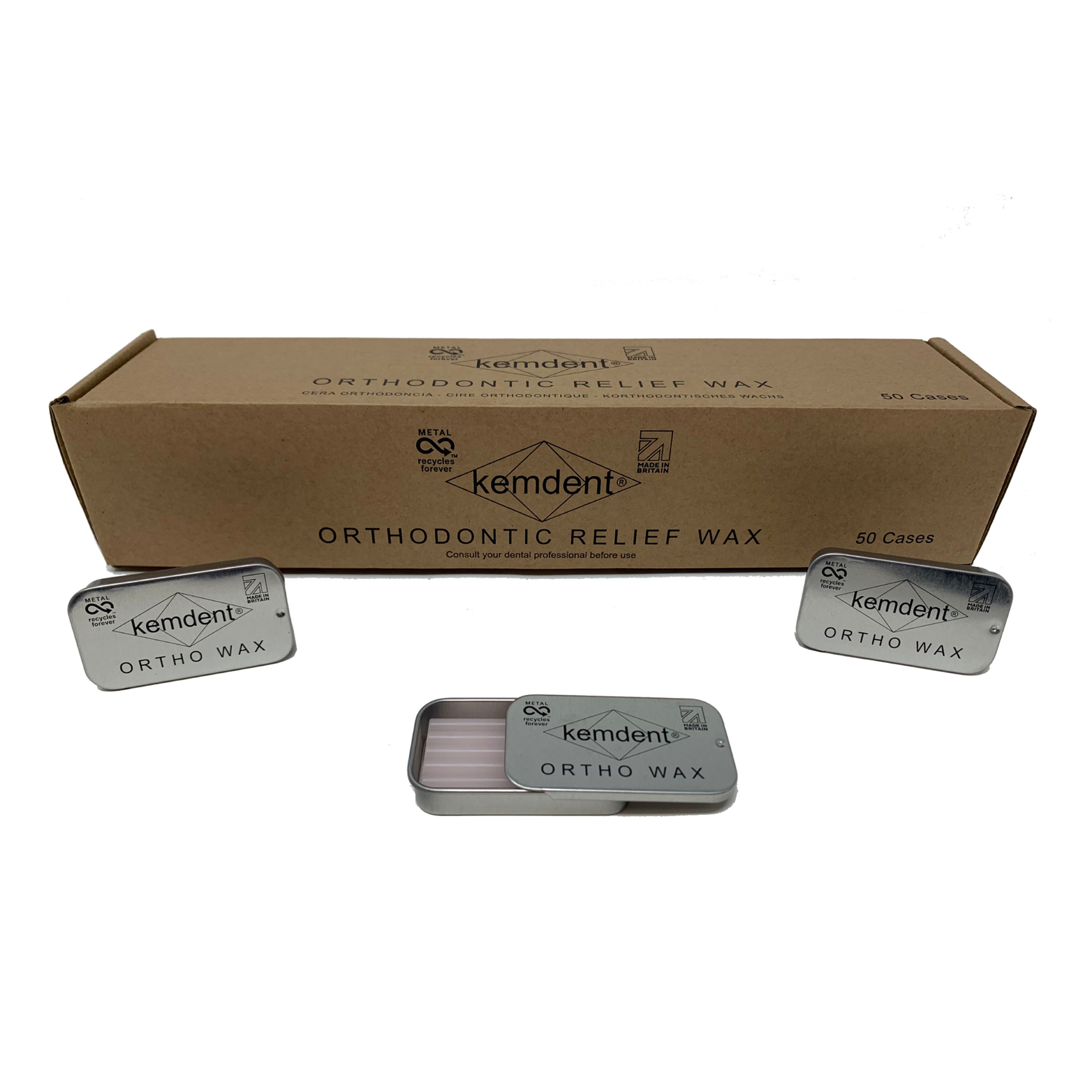 Several boxes of orthodontic wax laid out in front of a Kemdent case, some of the boxes are open and displaying the wax strips within 