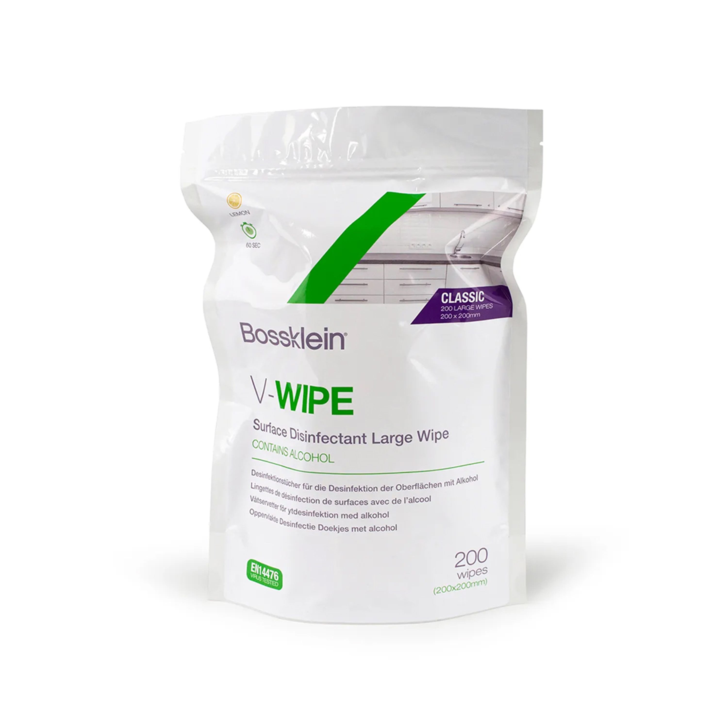 A pack of  200 V-WIPE Large Classic Wipes - Lemon Refill Pack  on a plain white background