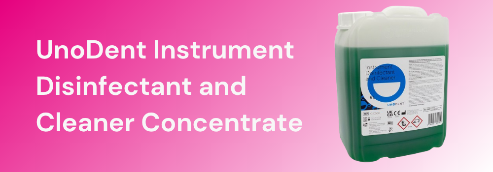 UnoDent Instrument Disinfectand and cleaner concentrate. Sitting on a pink background