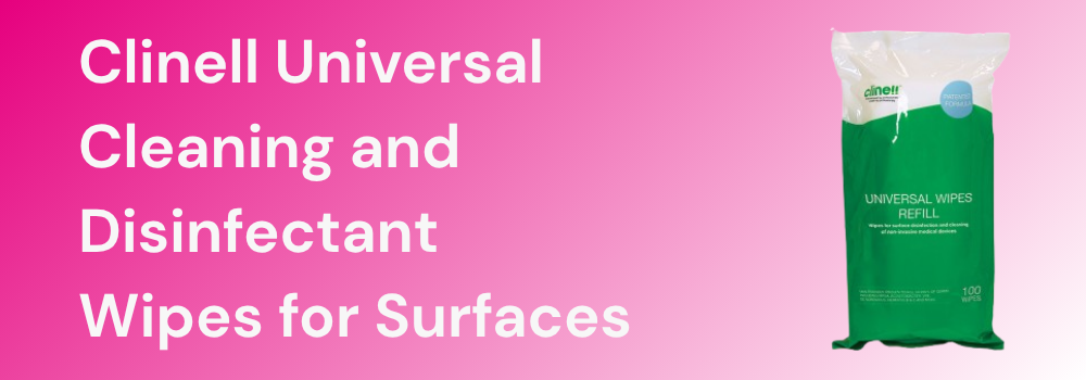 A packet of Clinell Universal Cleaning and Disinfectant Wipes on a pink background