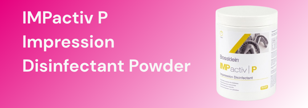 A tub of IMPactiv P Impression Disinfectant Powder on a pink-white gradient background