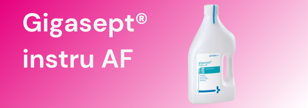 A bottle of Gigasept Instru AF on a pink-white gradient background.