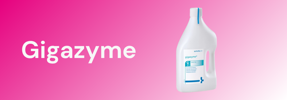 A bottle of Gigazyme on a pink-white gradient background.
