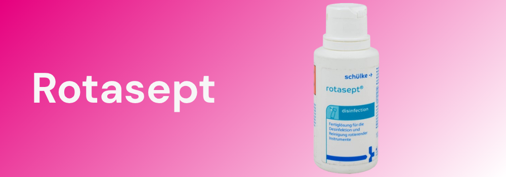 A bottle of Rotasept on a pink-white gradient background.