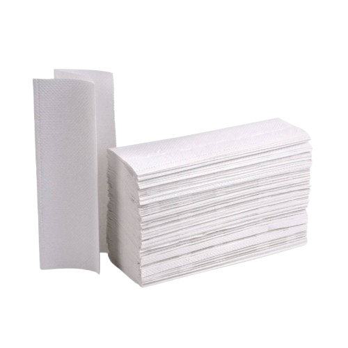 A stack of white Z-fold hand towels, they are 2-ply and have an embossed surface.