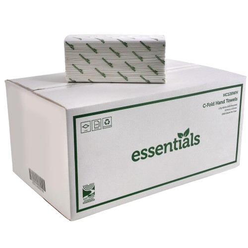 A neatly packeted stack of c-fold hand towels sits atop their product case.