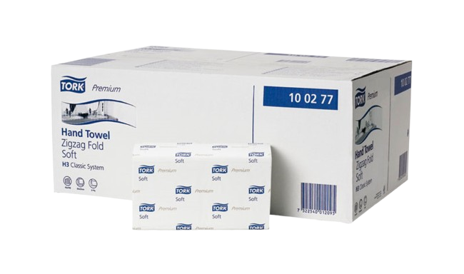 A sleeve of Tork Singlefold hand towels sitting propped against its case neatly.