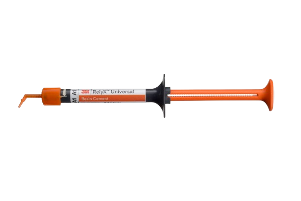 An orange syringe of RelyX Universal Resin Cement on a plain background