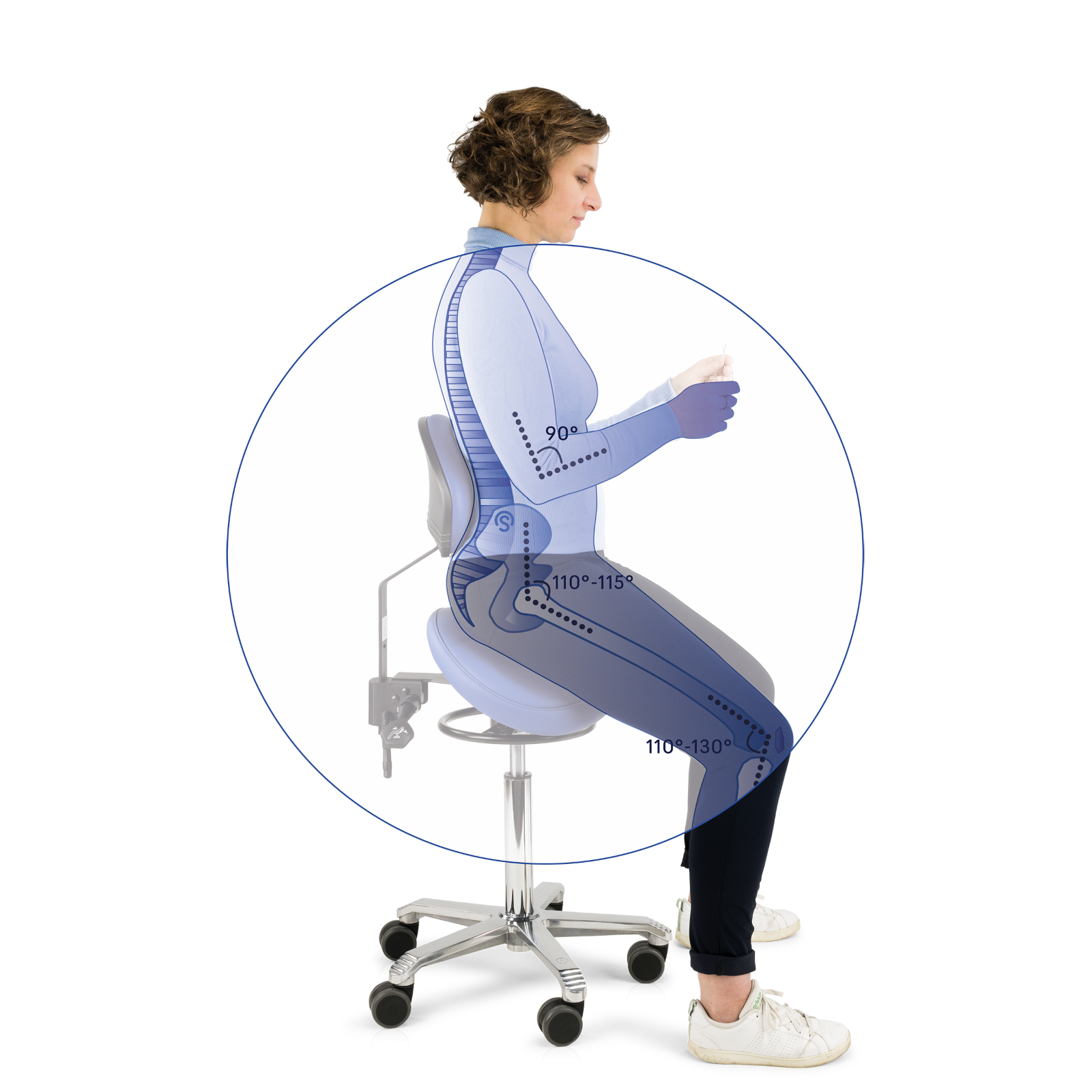 Pictured, a woman sitting optimally on a Score Saddle Stool