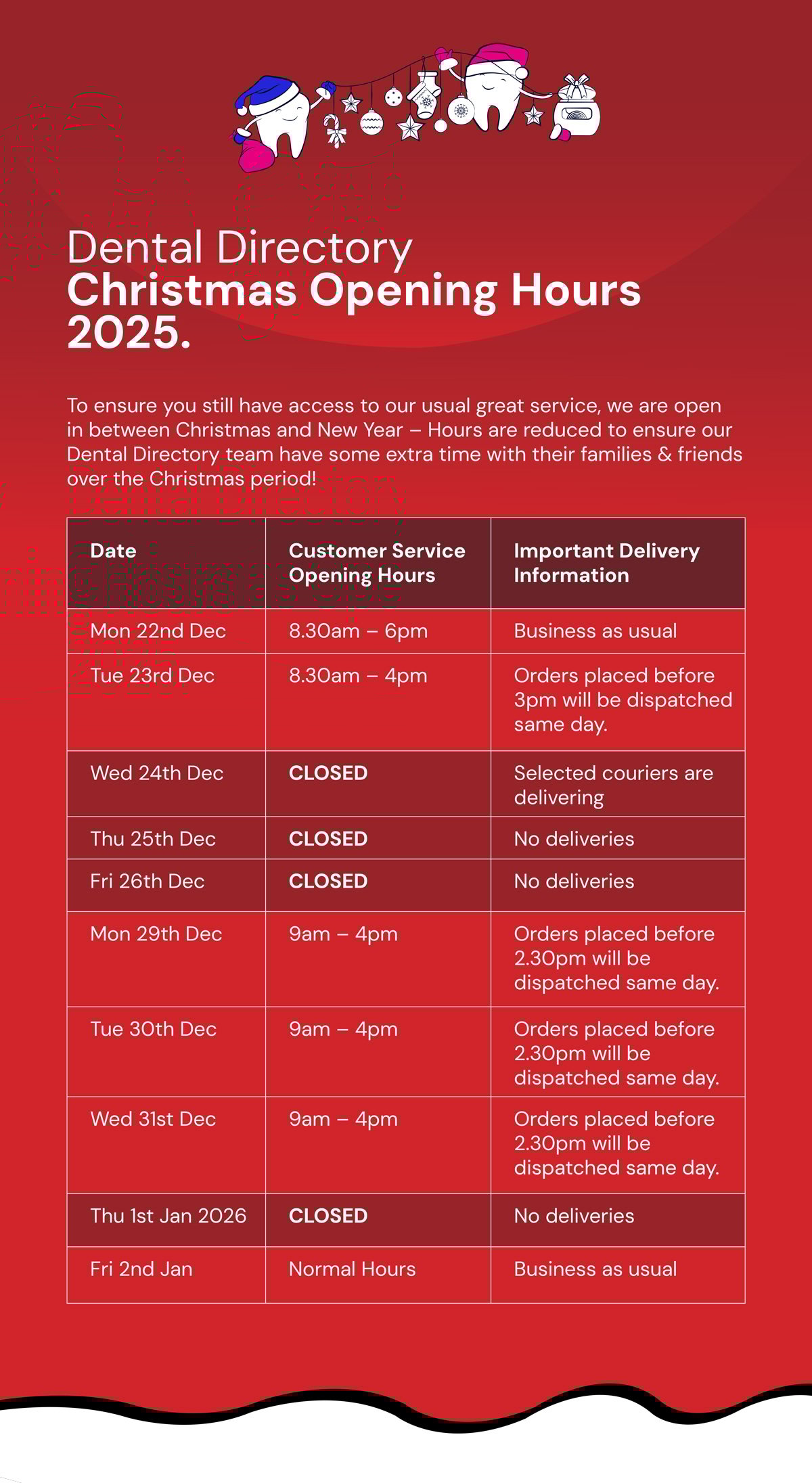 Dental Directory Christmas opening hours 2025-2026