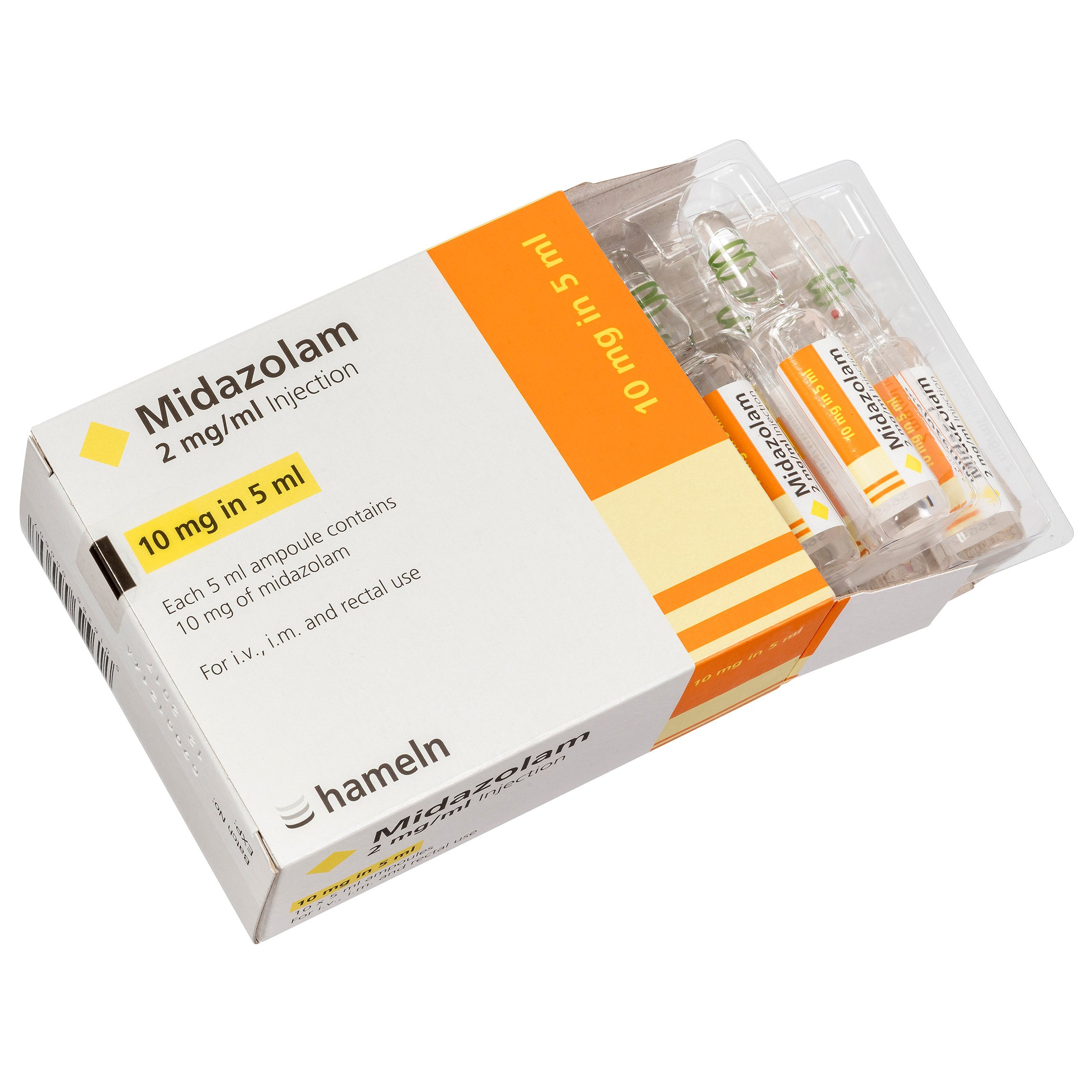 Midazolam 2mg/ml solution for injection, 5ml ampoules 