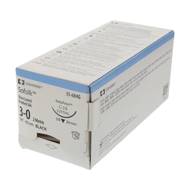 SOFSILK Suture - Coated, Braided Silk, Black SS-684G. Length: 45cm, Gauge: 3/0