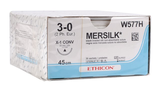 Mersilk Black Suture W577H. Length: 45cm, Gauge: 3/0
