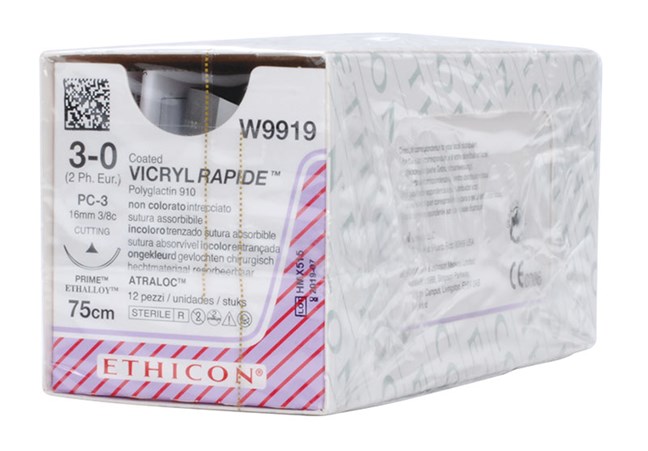 Vicryl Rapide Suture - Braided, Undyed, Absorbable W9919. Length: 75cm, Gauge 3/0