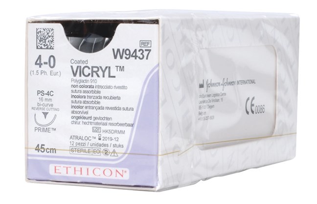Vicryl Suture, Coated - Absorbable, Braided, Undyed W9437. Length: 45cm, Gauge: 4/0
