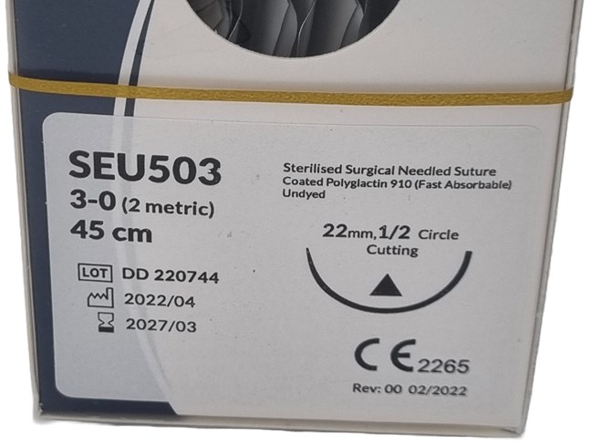 UnoDent PGLA Fast Absorbable Surgical Suture Gauge: 3/0, Length: 45cm, 1/2 circle, Cutting, 22mm