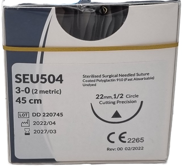 UnoDent PGLA Fast Absorbable Surgical Suture Gauge: 3/0, Length: 45cm, 1/2 circle, Cutting, 22mm, Prime