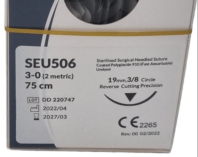 UnoDent PGLA Fast Absorbable Surgical Suture Gauge: 3/0, Length: 75cm, 3/8 circle, Reverse Cutting, 19mm, Prime