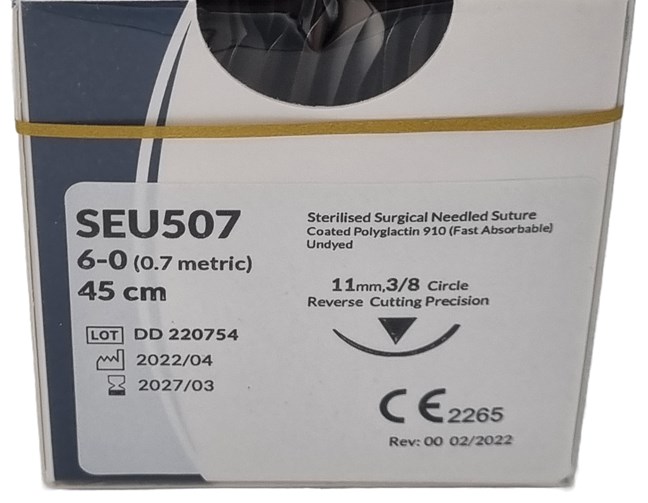 UnoDent PGLA Fast Absorbable Surgical Suture Gauge: 6/0, Length: 45cm, 3/8 circle, Reverse Cutting, 11mm, Prime