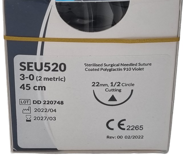 UnoDent PGLA Absorbable Surgical Suture U.S.P. Gauge: 3/0, Length: 45cm, 1/2 circle, Cutting, 22mm