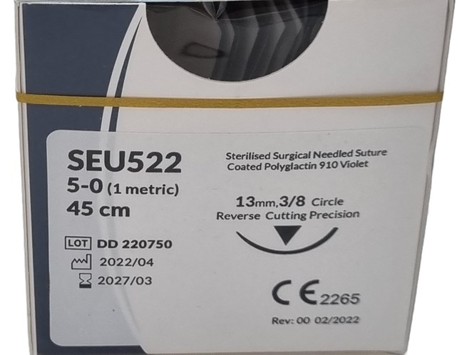 UnoDent PGLA Absorbable Surgical Suture Gauge: 5/0, Length: 45cm, 3/8 circle, Reverse Cutting, 13mm, Prime
