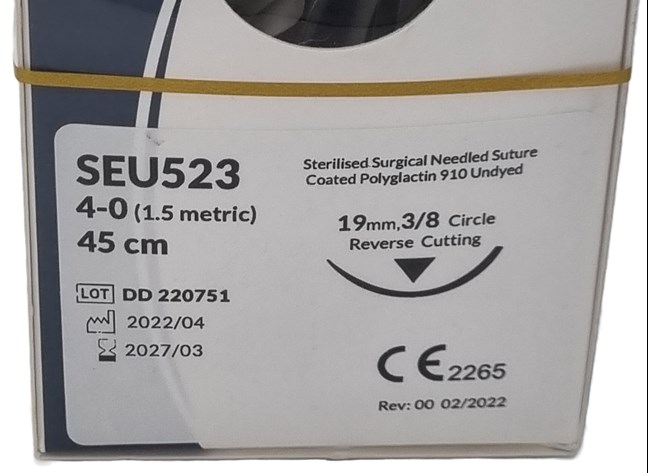 UnoDent PGLA Absorbable Surgical Suture Gauge: 4/0, Length: 45cm, 3/8 circle, Reverse Cutting, 19mm, Undyed