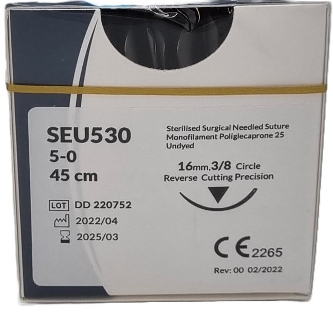 UnoDent PGCL Absorbable Surgical Suture Gauge: 5/0, Length: 45cm, 3/8 circle, Reverse Cutting, 16mm Prime