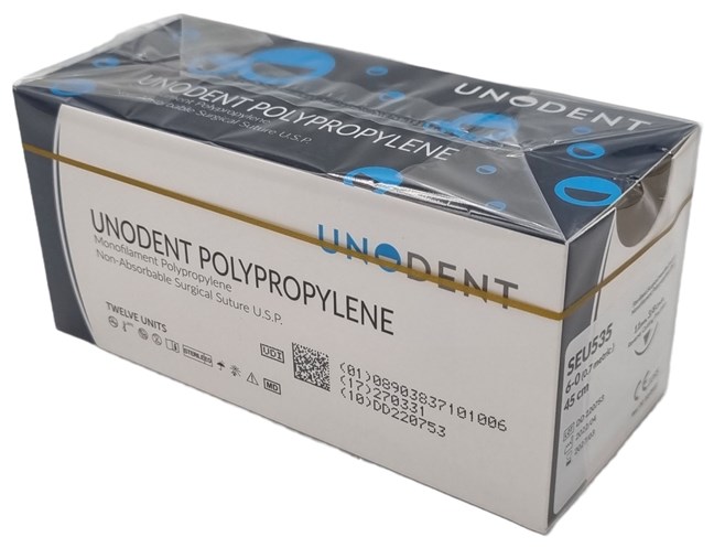 UnoDent Polypropylene Surgical Suture Gauge: 6/0, Length: 45cm, 3/8 circle, Reverse Cutting, 11mm Prime