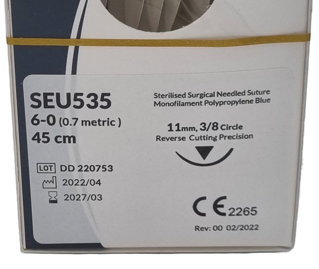 UnoDent Polypropylene Surgical Suture Gauge: 6/0, Length: 45cm, 3/8 circle, Reverse Cutting, 11mm Prime